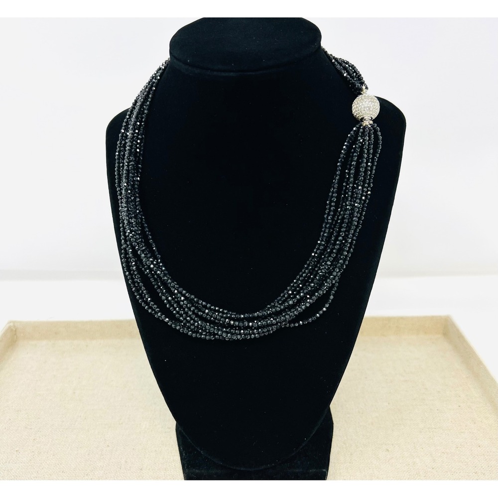 Sterling Silver Multi Strand Black Spinel Beaded Necklace Pavé Crystal Clasp 925